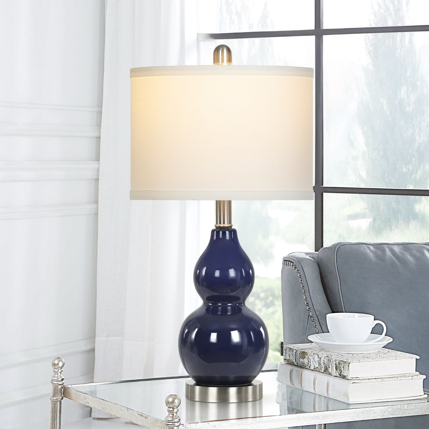 Cinkeda 22" Navy Blue Ceramic Table Lamps Set of 2, 2-Level Rotary Switch Bedside Nightstand Lamps with Gourd Body & Silver Base for Living Room