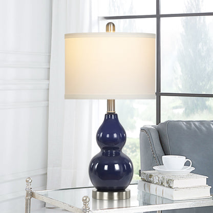 Cinkeda 22" Navy Blue Ceramic Table Lamps Set of 2, 2-Level Rotary Switch Bedside Nightstand Lamps with Gourd Body & Silver Base for Living Room