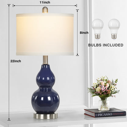 Cinkeda 22" Navy Blue Ceramic Table Lamps Set of 2, 2-Level Rotary Switch Bedside Nightstand Lamps with Gourd Body & Silver Base for Living Room