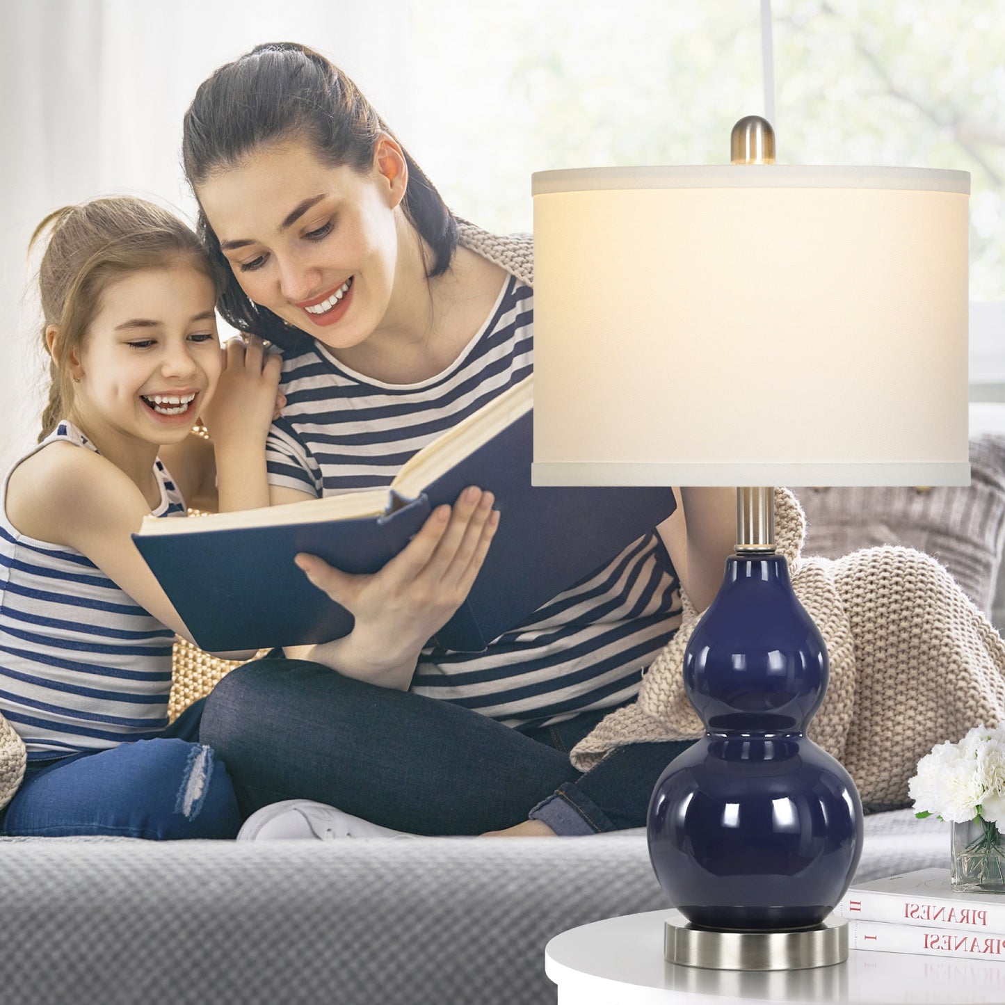 Cinkeda 22" Navy Blue Ceramic Table Lamps Set of 2, 2-Level Rotary Switch Bedside Nightstand Lamps with Gourd Body & Silver Base for Living Room
