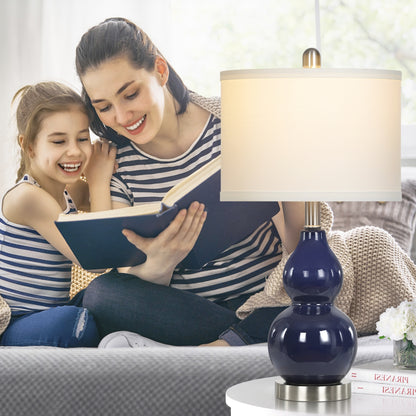 Cinkeda 22" Navy Blue Ceramic Table Lamps Set of 2, 2-Level Rotary Switch Bedside Nightstand Lamps with Gourd Body & Silver Base for Living Room