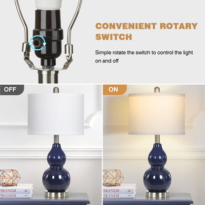 Cinkeda 22" Navy Blue Ceramic Table Lamps Set of 2, 2-Level Rotary Switch Bedside Nightstand Lamps with Gourd Body & Silver Base for Living Room