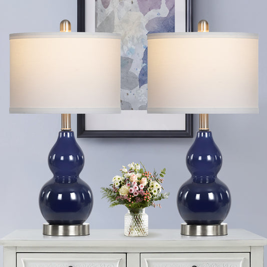 Cinkeda 22" Navy Blue Ceramic Table Lamps Set of 2, 2-Level Rotary Switch Bedside Nightstand Lamps with Gourd Body & Silver Base for Living Room