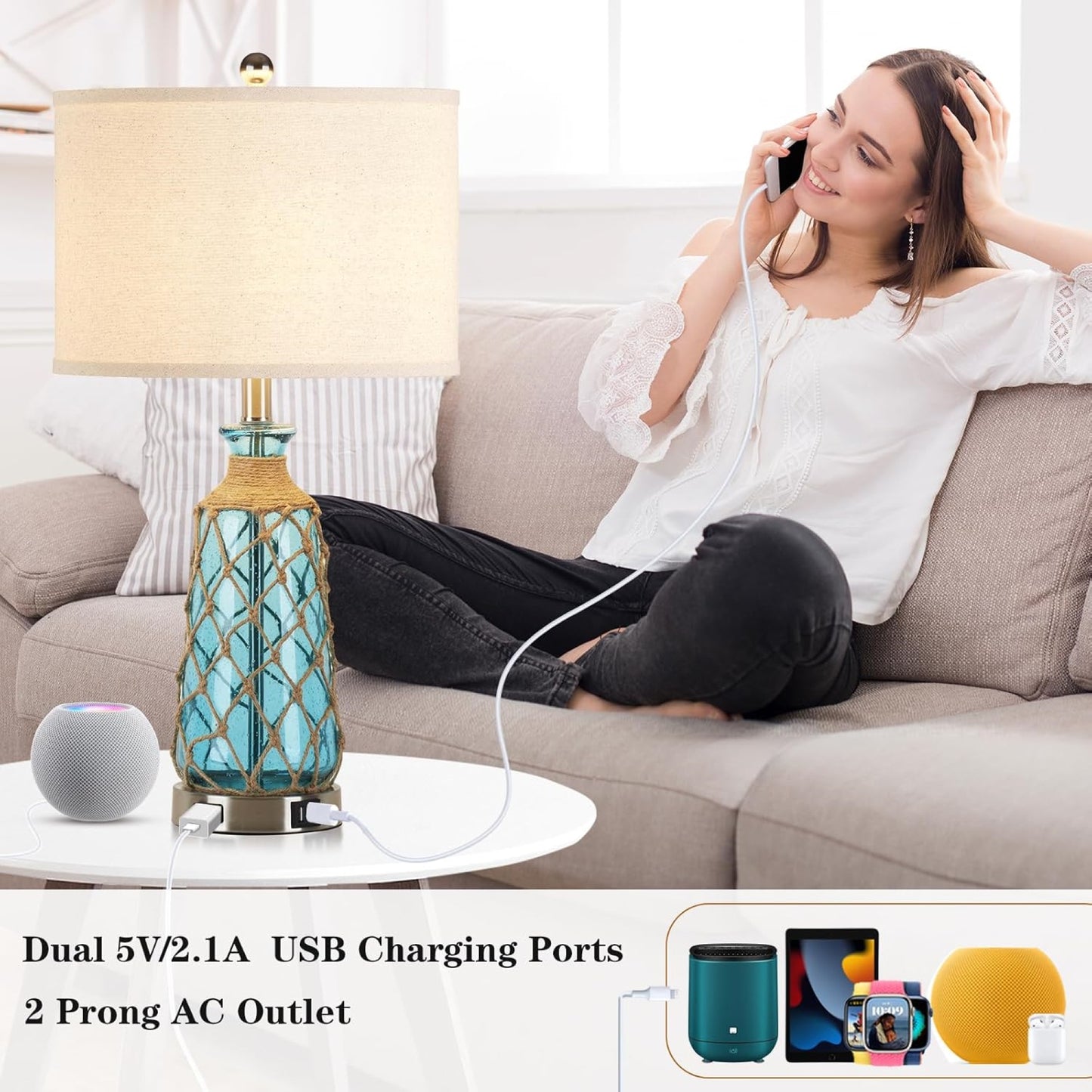 Cinkeda 26" Blue Bubble Glass Table Lamp, 3-Level Touch Control Bedside Nightstand Lamp with Dual USB Ports & AC Outlet for Living Room Bedroom