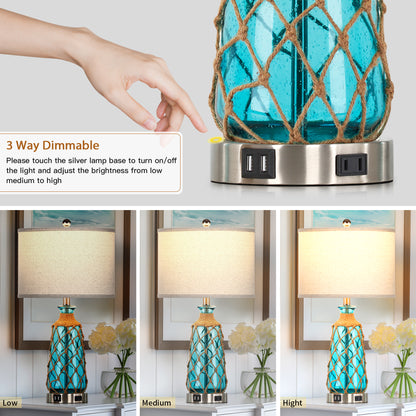 Cinkeda 26" Blue Bubble Glass Table Lamp, 3-Level Touch Control Bedside Nightstand Lamp with Dual USB Ports & AC Outlet for Living Room Bedroom