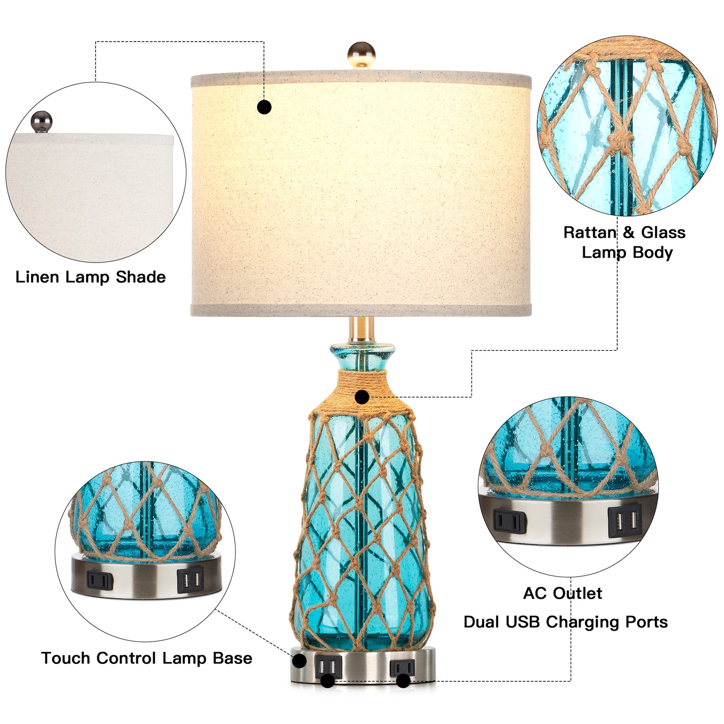 Cinkeda 26" Blue Bubble Glass Table Lamp, 3-Level Touch Control Bedside Nightstand Lamp with Dual USB Ports & AC Outlet for Living Room Bedroom