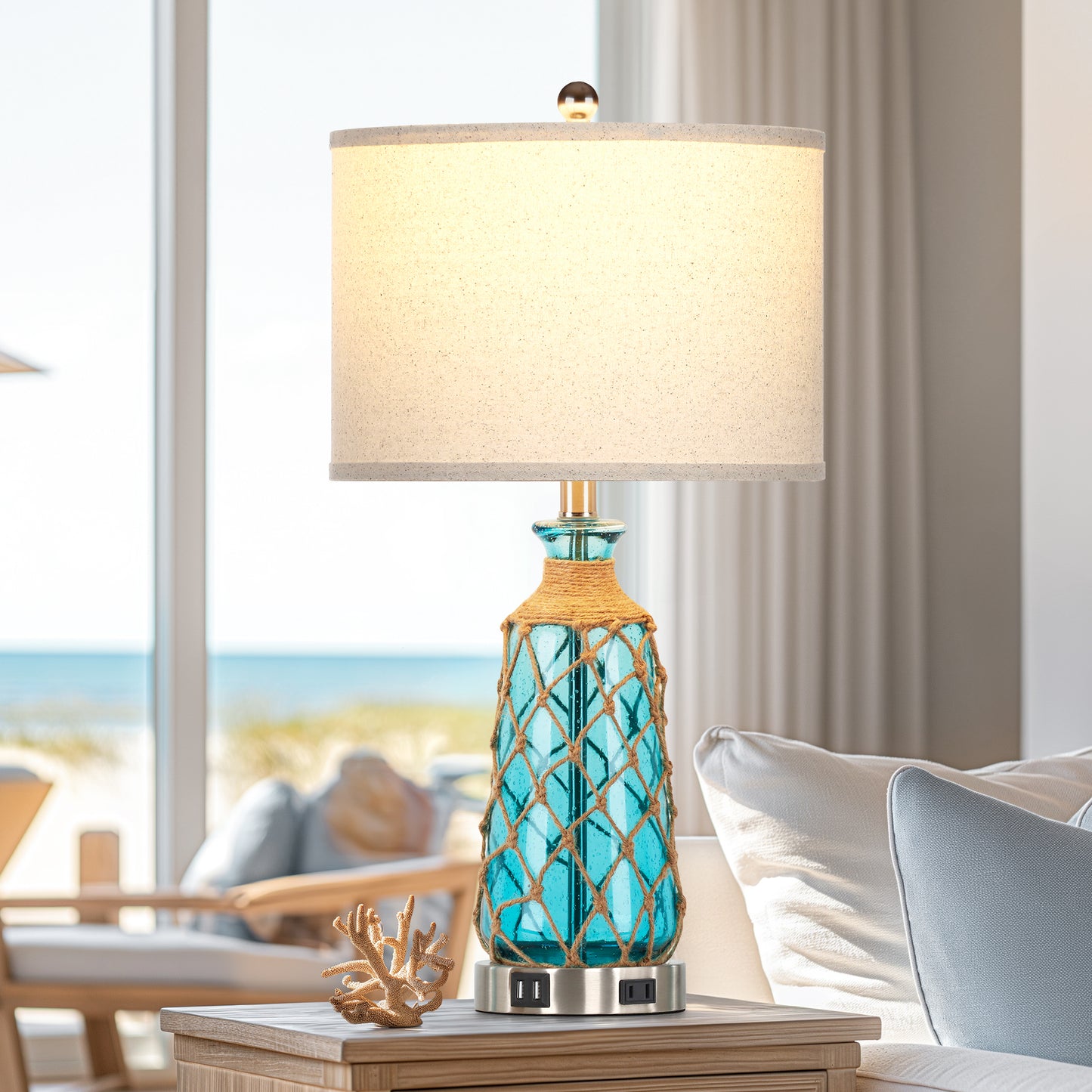 Cinkeda 26" Blue Bubble Glass Table Lamp, 3-Level Touch Control Bedside Nightstand Lamp with Dual USB Ports & AC Outlet for Living Room Bedroom