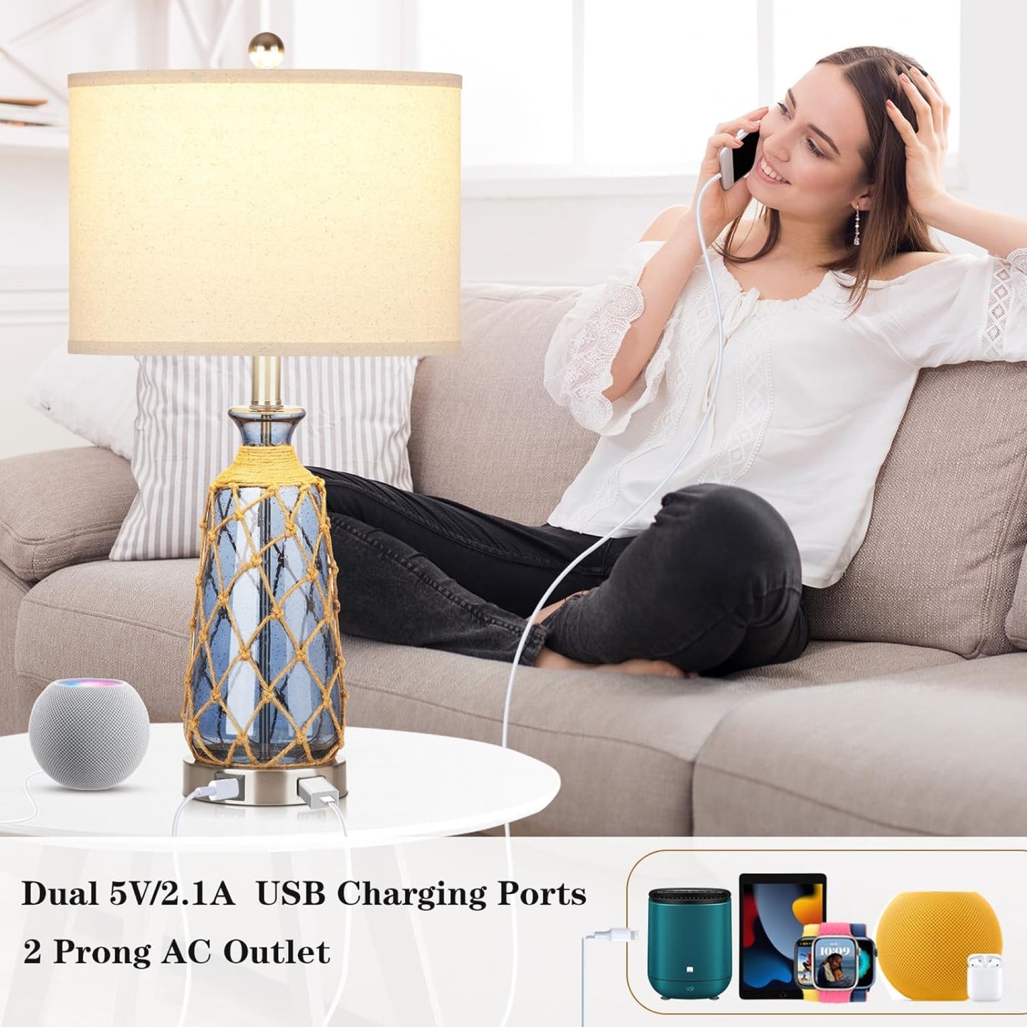 Cinkeda Modern Glass Rattan Table Lamp with USB Ports AC Outlet for Bedroom Living Room Nautical Blue 3 Way Dimmable Touch Control Single Bedside Nightstand Lamp