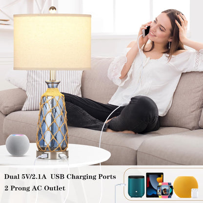 Cinkeda Modern Glass Rattan Table Lamp with USB Ports AC Outlet for Bedroom Living Room Nautical Blue 3 Way Dimmable Touch Control Single Bedside Nightstand Lamp