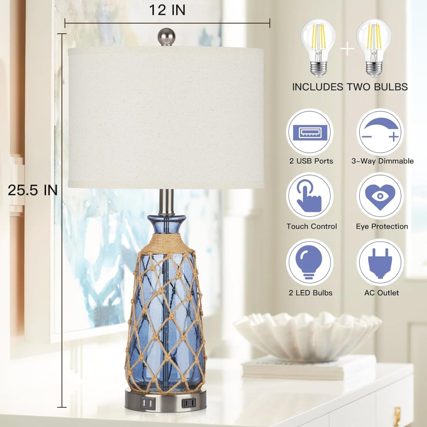 Cinkeda Modern Glass Rattan Table Lamp with USB Ports AC Outlet for Bedroom Living Room Nautical Blue 3 Way Dimmable Touch Control Single Bedside Nightstand Lamp