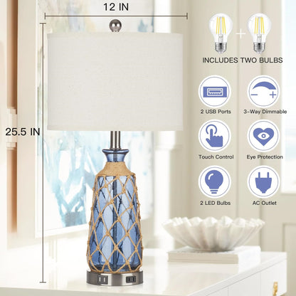 Cinkeda Modern Glass Rattan Table Lamp with USB Ports AC Outlet for Bedroom Living Room Nautical Blue 3 Way Dimmable Touch Control Single Bedside Nightstand Lamp
