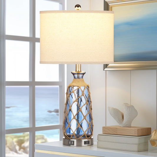 Cinkeda Modern Glass Rattan Table Lamp with USB Ports AC Outlet for Bedroom Living Room Nautical Blue 3 Way Dimmable Touch Control Single Bedside Nightstand Lamp