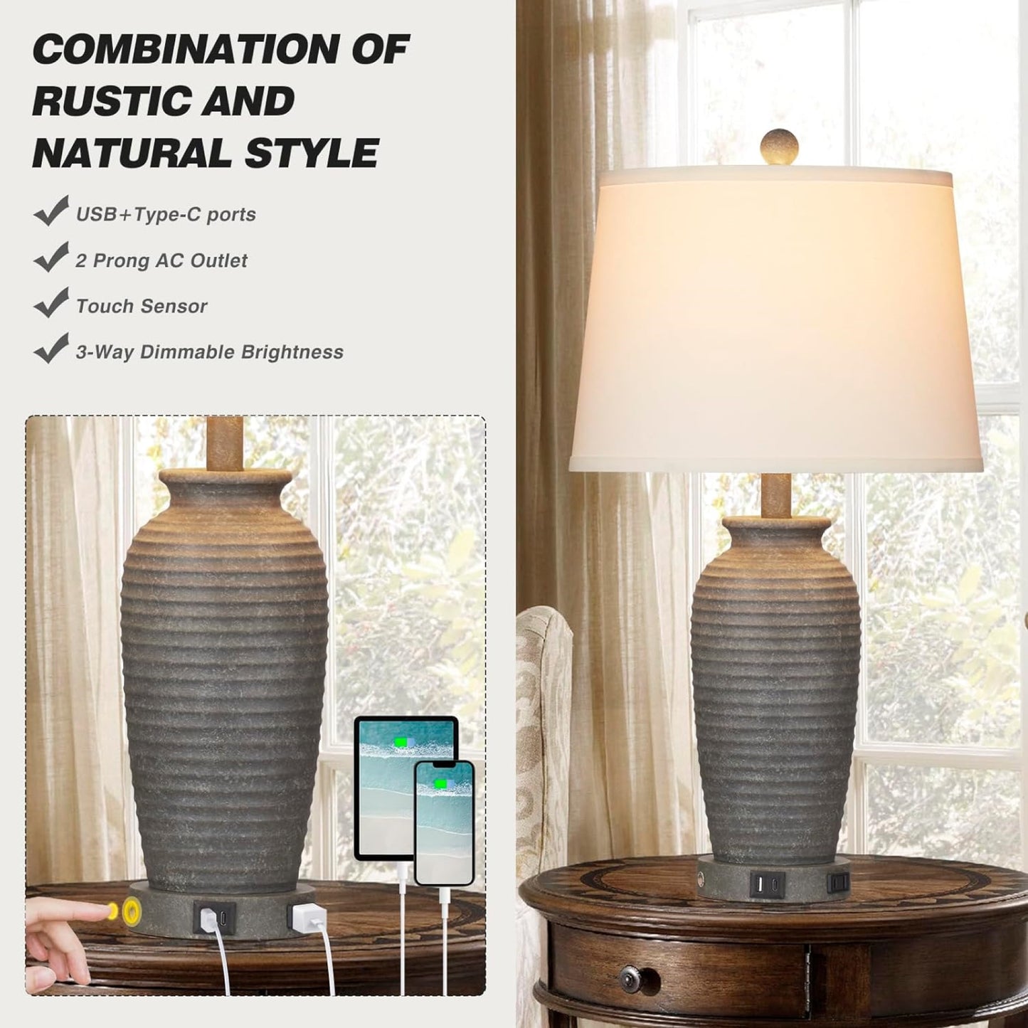 Cinkeda 3 Way Dimmable Jar Table Lamp with USB A+C Ports AC Outlet for Bedroom Living Room Modern Farmhouse Touch Control Resin Single Bedside Nightstand Lamp