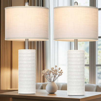Cinkeda 27" Tall Ceramic Table Lamp Set of 2, White Cylinder Body with Carved Slot Pattern, Off-White Linen Shade, Rotary Switch, E26 LED Bulb Included for Bedroom Living Room