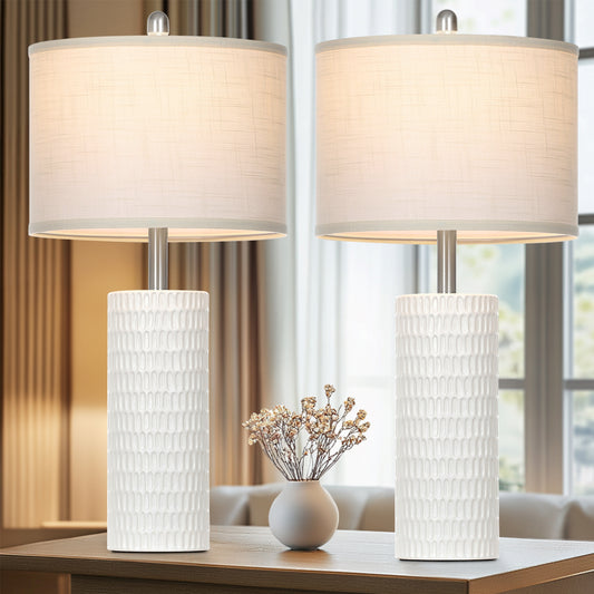 Cinkeda 27" Tall Ceramic Table Lamp Set of 2, White Cylinder Body with Carved Slot Pattern, Off-White Linen Shade, Rotary Switch, E26 LED Bulb Included for Bedroom Living Room