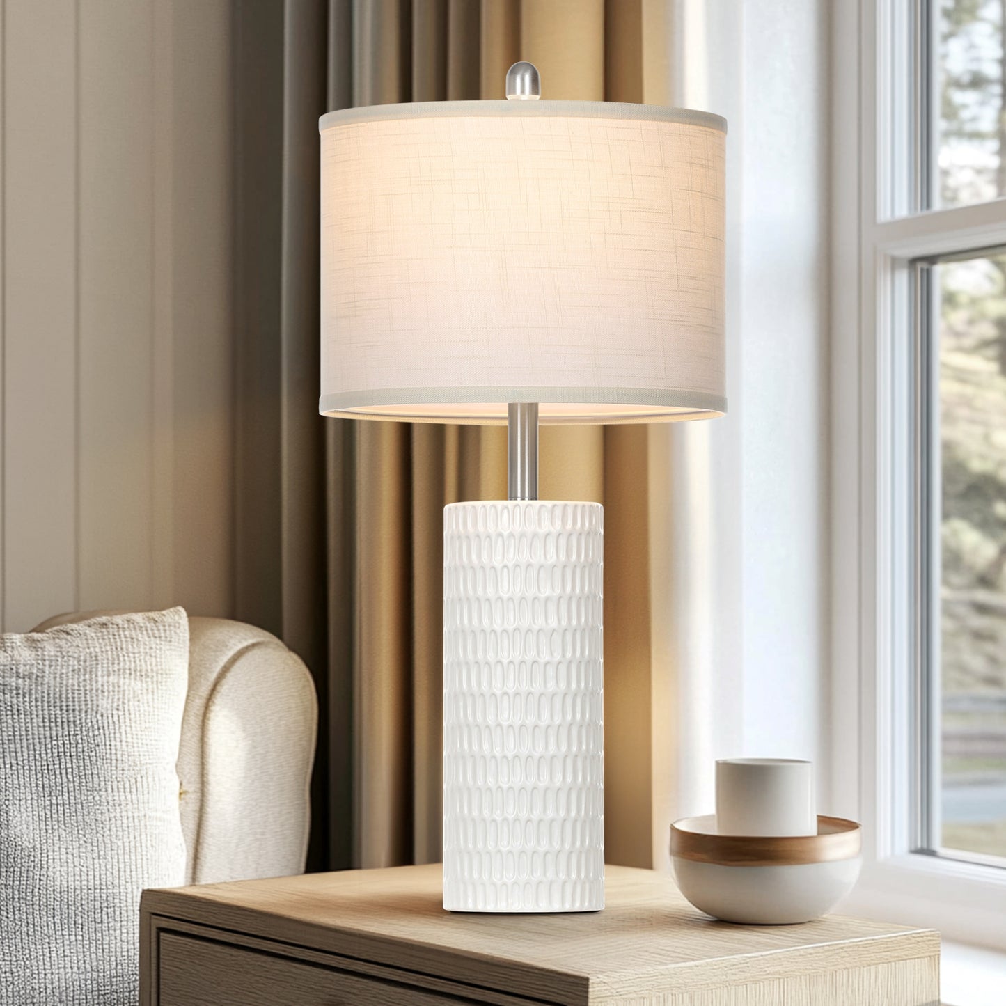 Cinkeda 27" Tall Ceramic Table Lamp Set of 2, White Cylinder Body with Carved Slot Pattern, Off-White Linen Shade, Rotary Switch, E26 LED Bulb Included for Bedroom Living Room