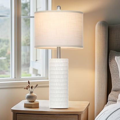 Cinkeda 27" Tall Ceramic Table Lamp Set of 2, White Cylinder Body with Carved Slot Pattern, Off-White Linen Shade, Rotary Switch, E26 LED Bulb Included for Bedroom Living Room