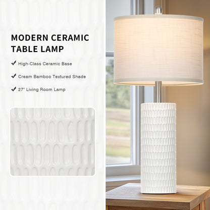 Cinkeda 27" Tall Ceramic Table Lamp Set of 2, White Cylinder Body with Carved Slot Pattern, Off-White Linen Shade, Rotary Switch, E26 LED Bulb Included for Bedroom Living Room