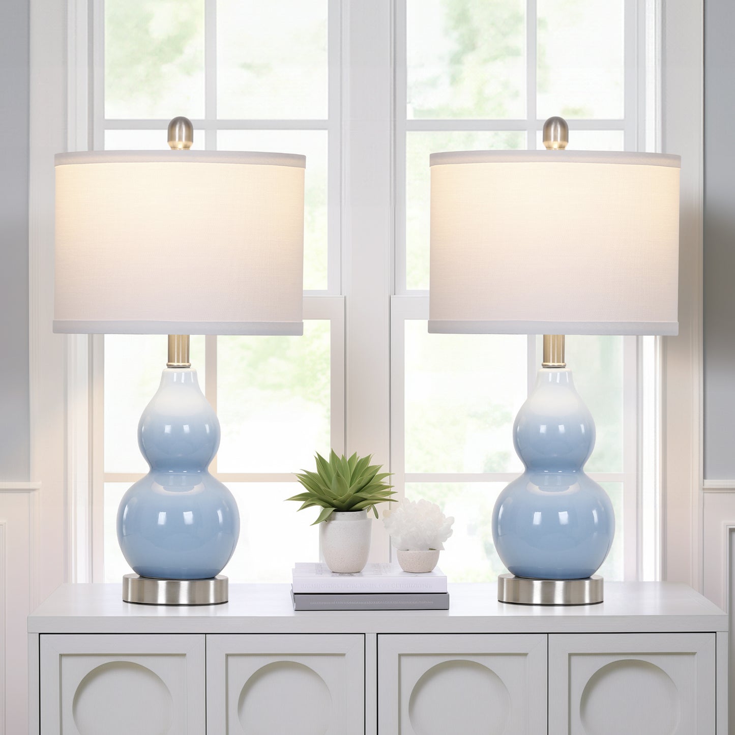 Cinkeda 22" Light Blue Ceramic Table Lamps Set of 2, 2-Level Rotary Switch Bedside Nightstand Lamps with Gourd Body for Living Room