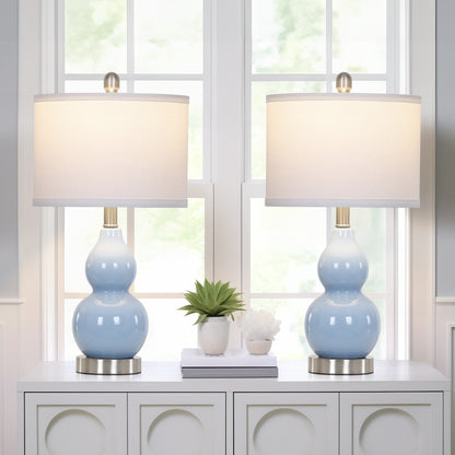 Cinkeda 22" Light Blue Ceramic Table Lamps Set of 2, 2-Level Rotary Switch Bedside Nightstand Lamps with Gourd Body for Living Room