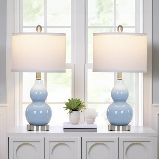 Cinkeda 22" Light Blue Ceramic Table Lamps Set of 2, 2-Level Rotary Switch Bedside Nightstand Lamps with Gourd Body for Living Room