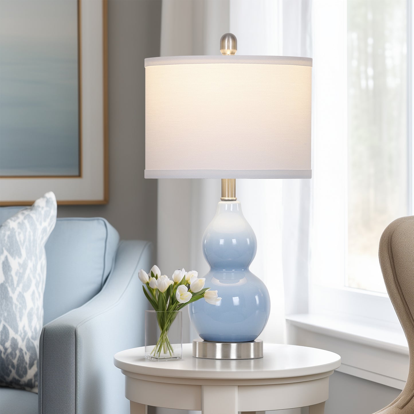 Cinkeda 22" Light Blue Ceramic Table Lamps Set of 2, 2-Level Rotary Switch Bedside Nightstand Lamps with Gourd Body for Living Room