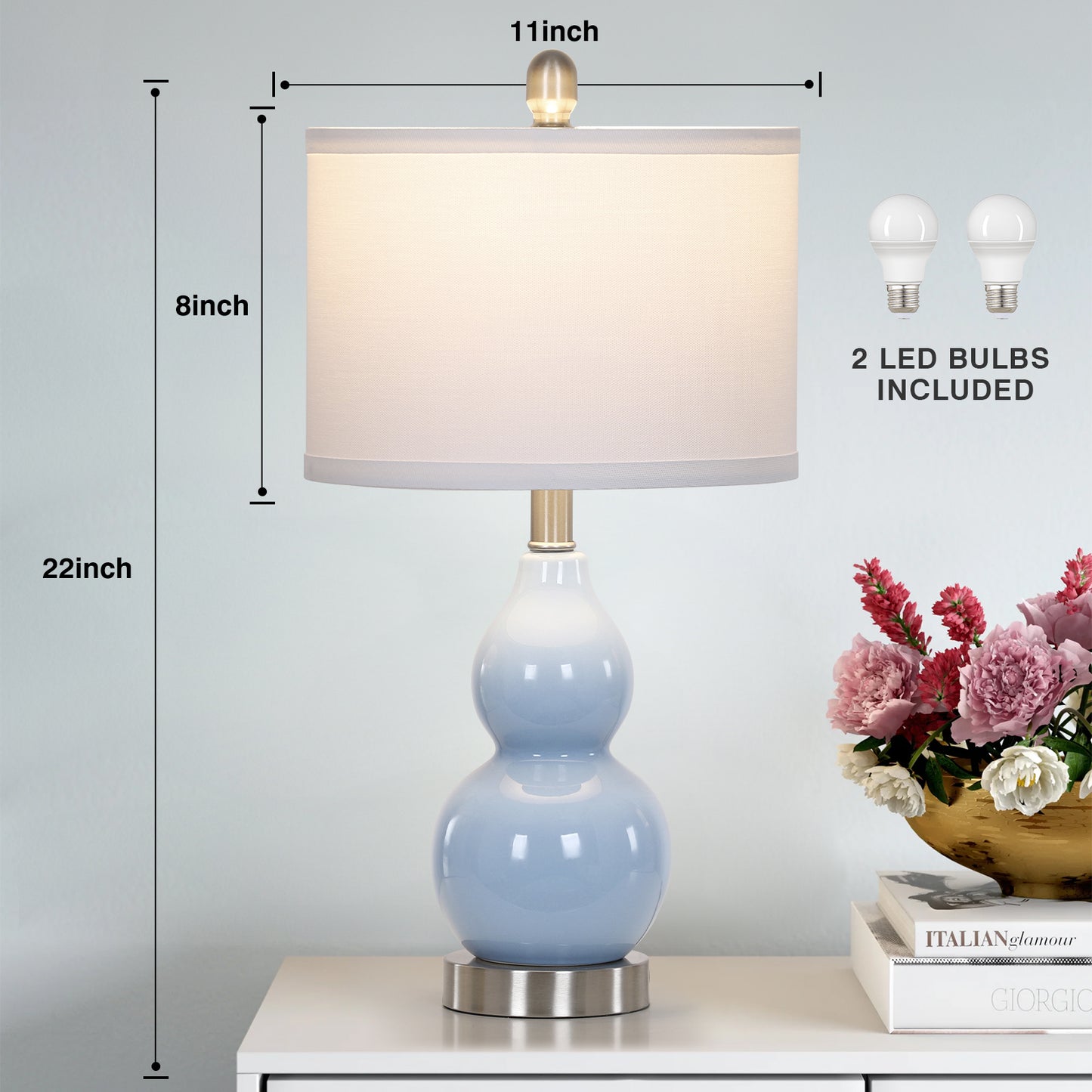 Cinkeda 22" Light Blue Ceramic Table Lamps Set of 2, 2-Level Rotary Switch Bedside Nightstand Lamps with Gourd Body for Living Room