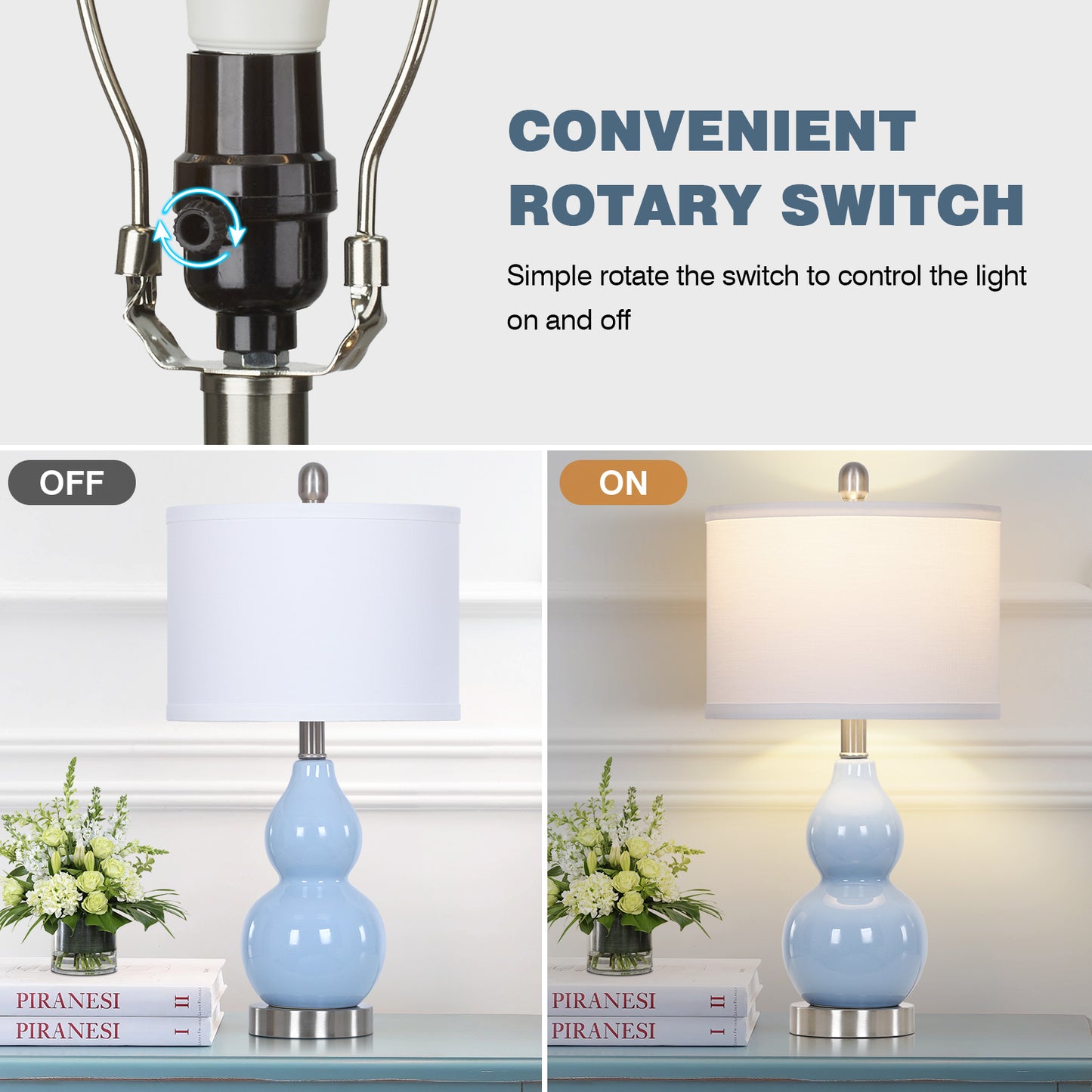 Cinkeda 22" Light Blue Ceramic Table Lamps Set of 2, 2-Level Rotary Switch Bedside Nightstand Lamps with Gourd Body for Living Room