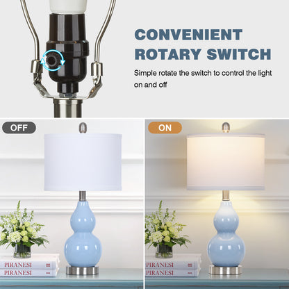 Cinkeda 22" Light Blue Ceramic Table Lamps Set of 2, 2-Level Rotary Switch Bedside Nightstand Lamps with Gourd Body for Living Room