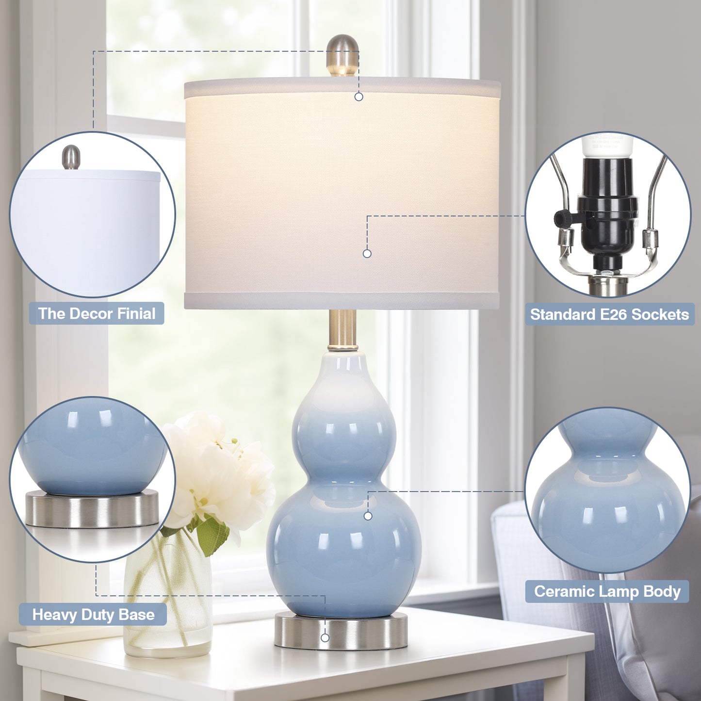 Cinkeda 22" Light Blue Ceramic Table Lamps Set of 2, 2-Level Rotary Switch Bedside Nightstand Lamps with Gourd Body for Living Room
