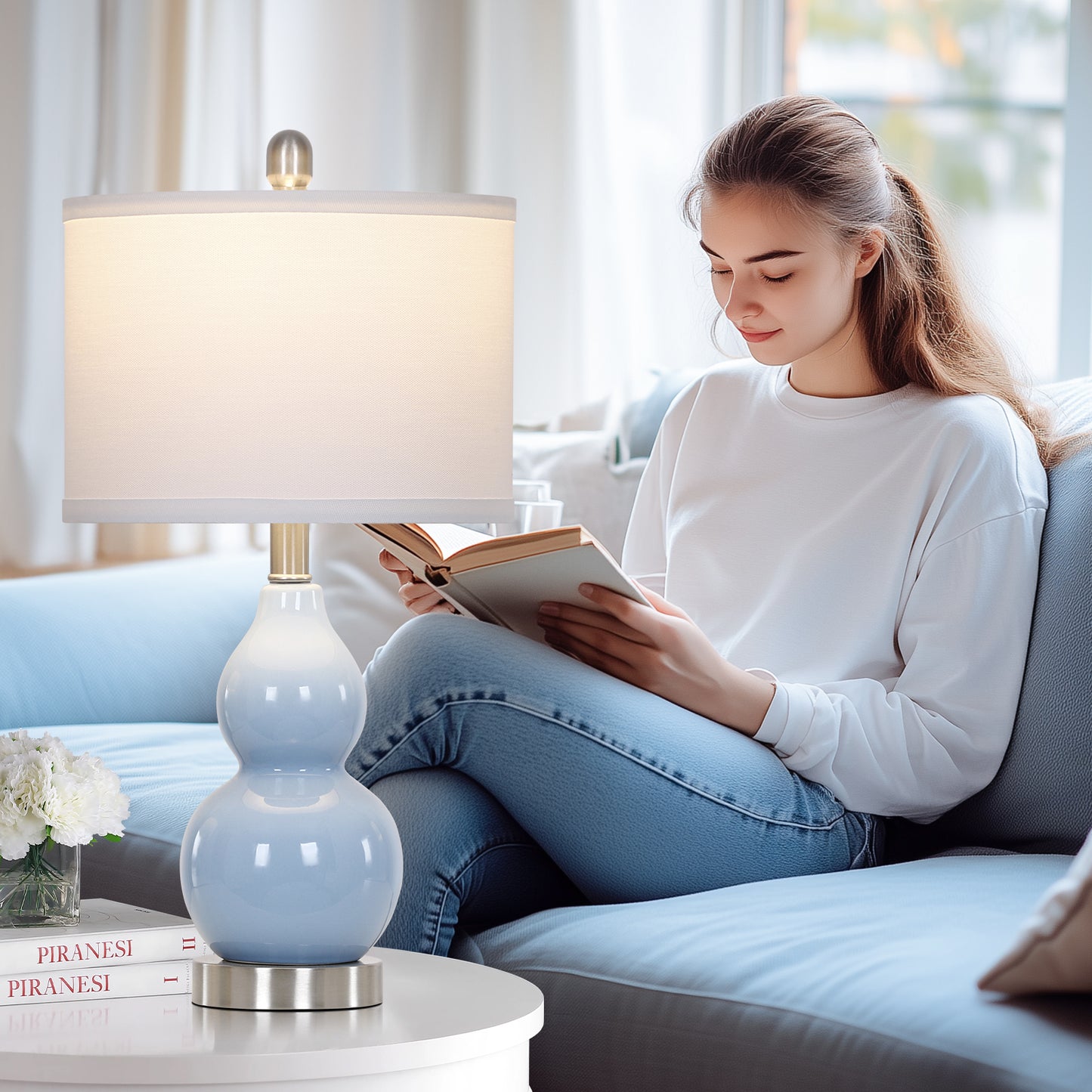 Cinkeda 22" Light Blue Ceramic Table Lamps Set of 2, 2-Level Rotary Switch Bedside Nightstand Lamps with Gourd Body for Living Room