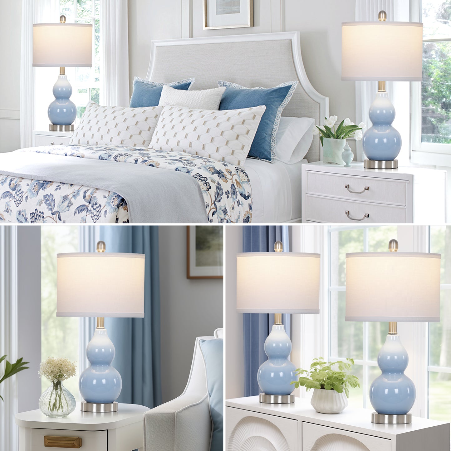 Cinkeda 22" Light Blue Ceramic Table Lamps Set of 2, 2-Level Rotary Switch Bedside Nightstand Lamps with Gourd Body for Living Room