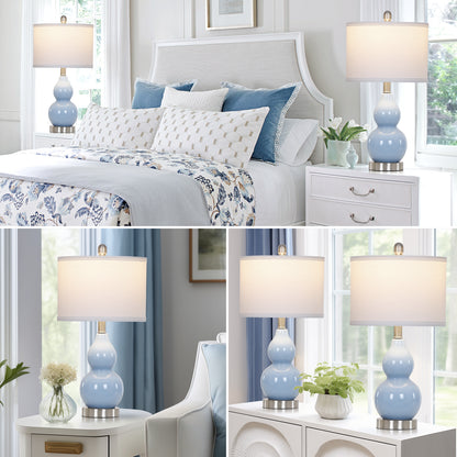 Cinkeda 22" Light Blue Ceramic Table Lamps Set of 2, 2-Level Rotary Switch Bedside Nightstand Lamps with Gourd Body for Living Room