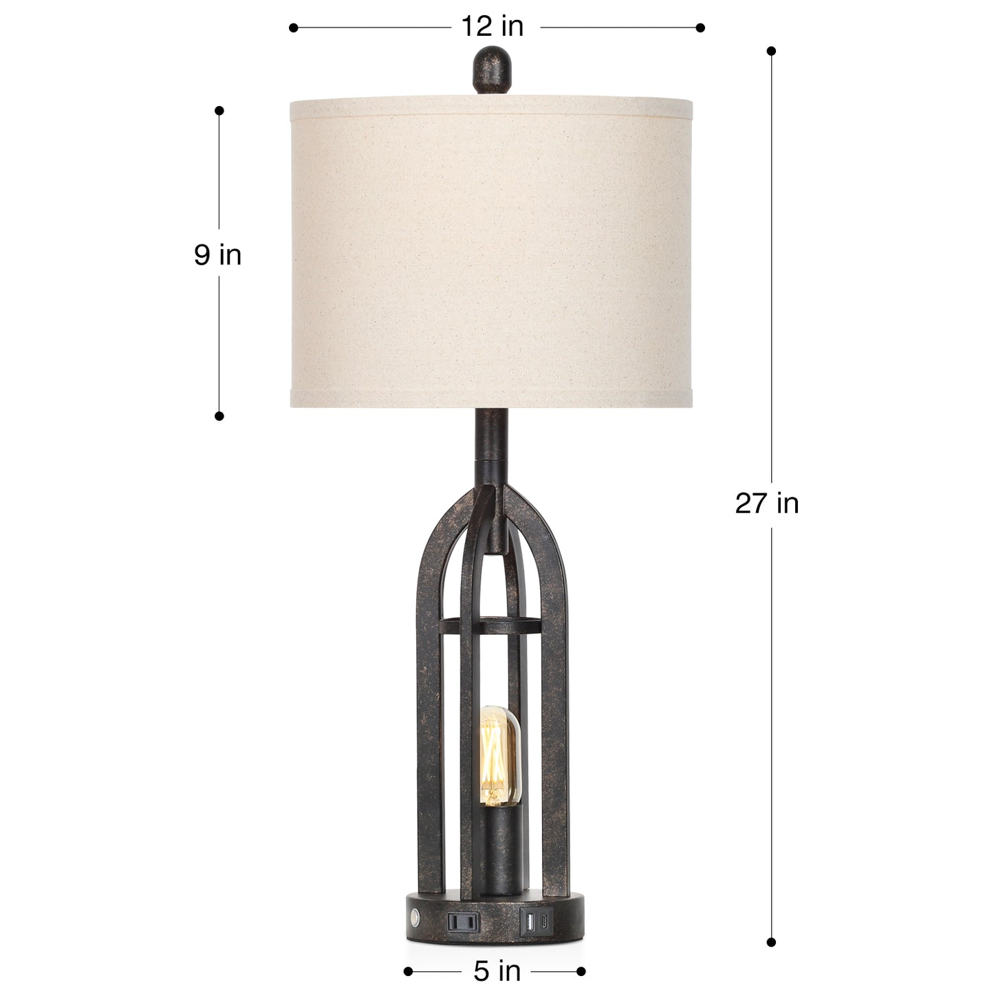 Cinkeda Modern Table Lamps with USB A+C Ports AC Outlet 3 Way Dimmable Touch Control Nightlight Black Industrial Bedside Lamp Set of 2 for Living Room Bedroom