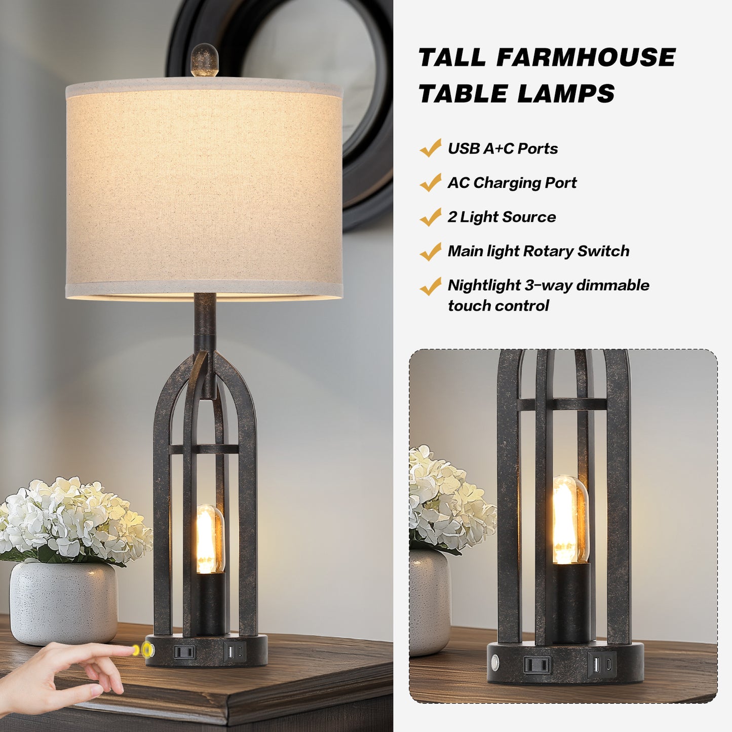 Cinkeda Modern Table Lamps with USB A+C Ports AC Outlet 3 Way Dimmable Touch Control Nightlight Black Industrial Bedside Lamp Set of 2 for Living Room Bedroom