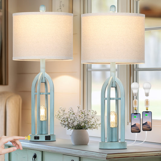 Cinkeda Table Lamps for Living Room Bedroom with USB A+C Ports AC Outlet Nightlight Modern 3 Way Dimmable Touch Bedside Nightstand Lamp Set of 2 Coastal Blue