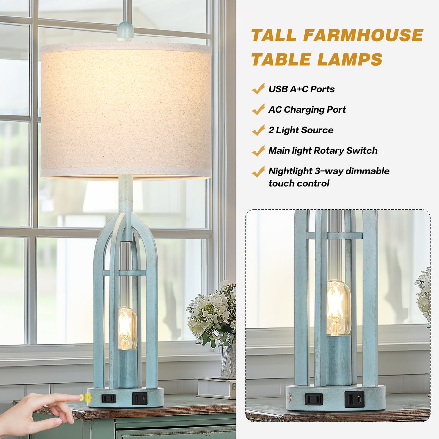 Cinkeda Table Lamps for Living Room Bedroom with USB A+C Ports AC Outlet Nightlight Modern 3 Way Dimmable Touch Bedside Nightstand Lamp Set of 2 Coastal Blue