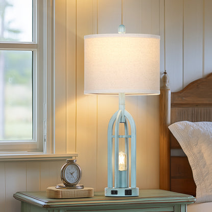 Cinkeda Table Lamps for Living Room Bedroom with USB A+C Ports AC Outlet Nightlight Modern 3 Way Dimmable Touch Bedside Nightstand Lamp Set of 2 Coastal Blue