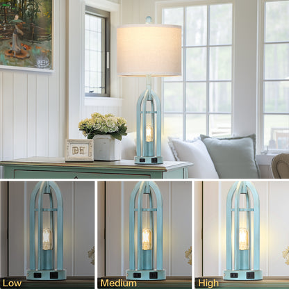 Cinkeda Table Lamps for Living Room Bedroom with USB A+C Ports AC Outlet Nightlight Modern 3 Way Dimmable Touch Bedside Nightstand Lamp Set of 2 Coastal Blue