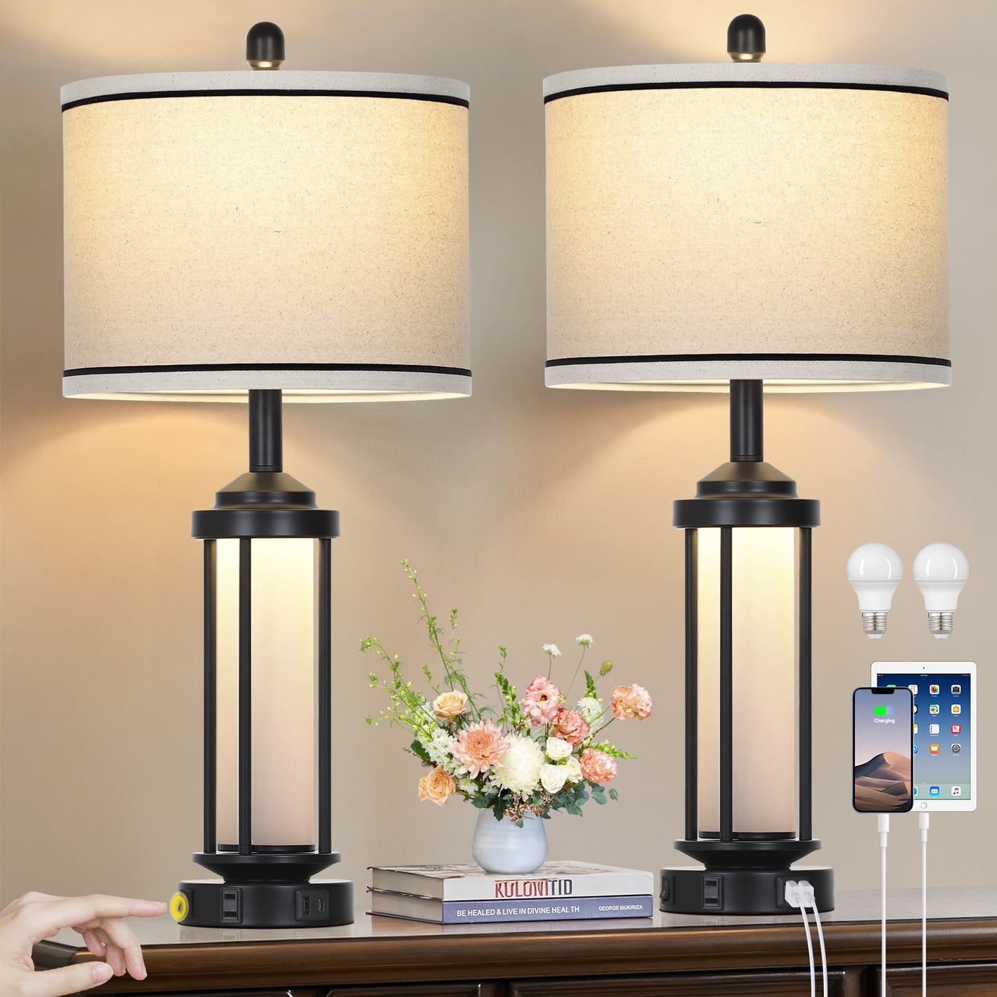 Cinkeda Industrial Table Lamps Set of 2 with USB A+C Ports AC Outlet Nightlight 26" Modern Bedside Nightstand Lamps for Bedroom Living Room