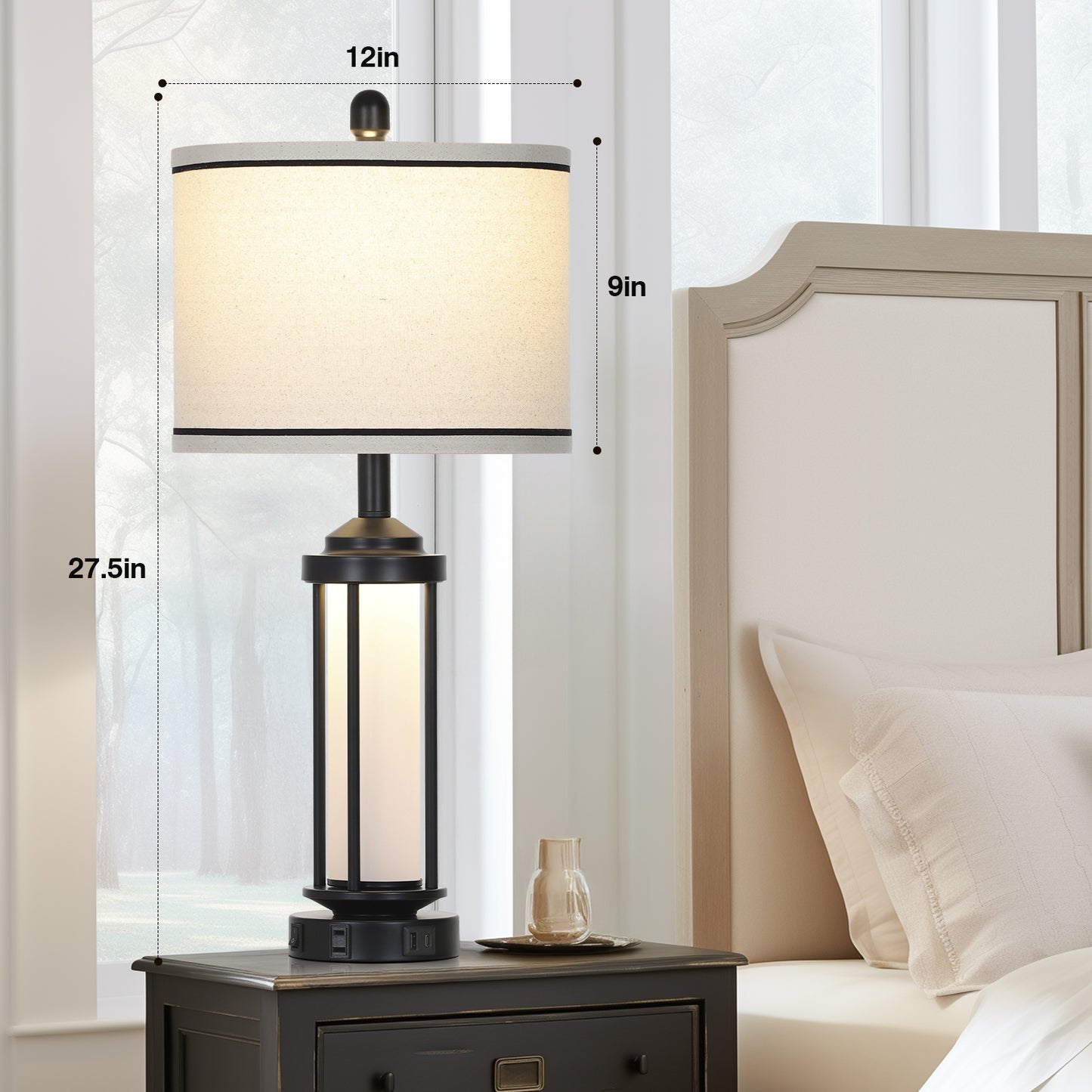 Cinkeda Industrial Table Lamps Set of 2 with USB A+C Ports AC Outlet Nightlight 26" Modern Bedside Nightstand Lamps for Bedroom Living Room