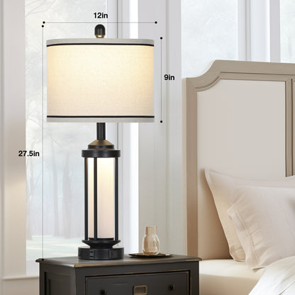 Cinkeda Industrial Table Lamps Set of 2 with USB A+C Ports AC Outlet Nightlight 26" Modern Bedside Nightstand Lamps for Bedroom Living Room