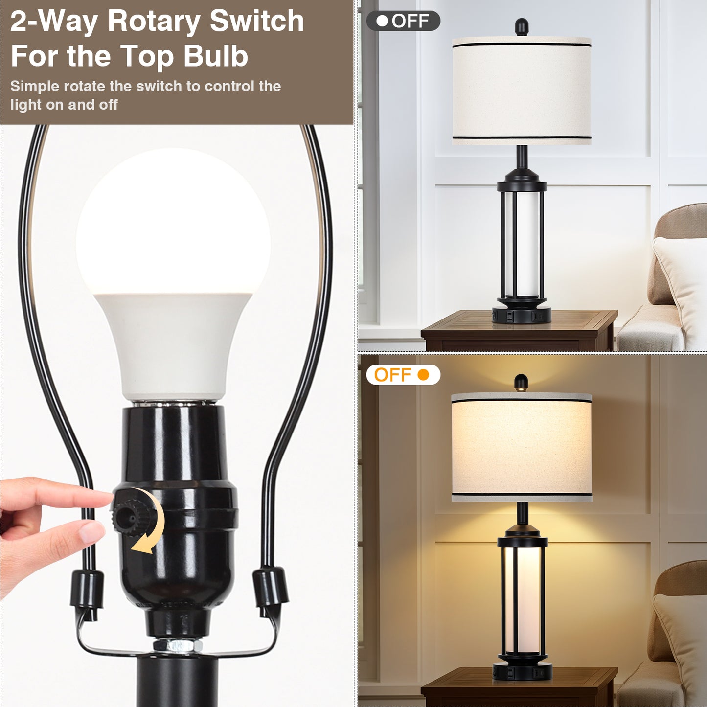Cinkeda Industrial Table Lamps Set of 2 with USB A+C Ports AC Outlet Nightlight 26" Modern Bedside Nightstand Lamps for Bedroom Living Room