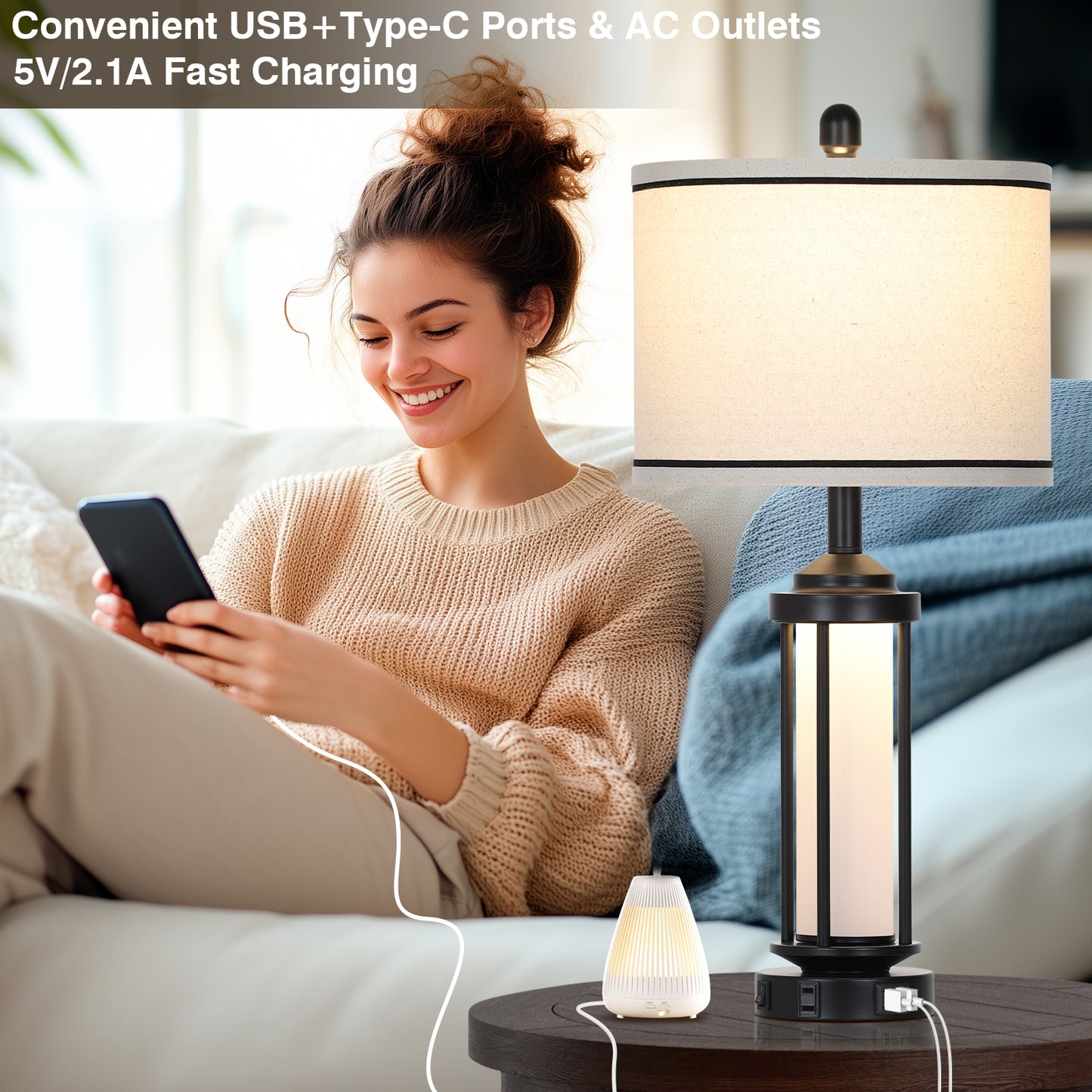 Cinkeda Industrial Table Lamps Set of 2 with USB A+C Ports AC Outlet Nightlight 26" Modern Bedside Nightstand Lamps for Bedroom Living Room