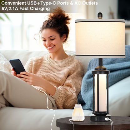 Cinkeda Industrial Table Lamps Set of 2 with USB A+C Ports AC Outlet Nightlight 26" Modern Bedside Nightstand Lamps for Bedroom Living Room