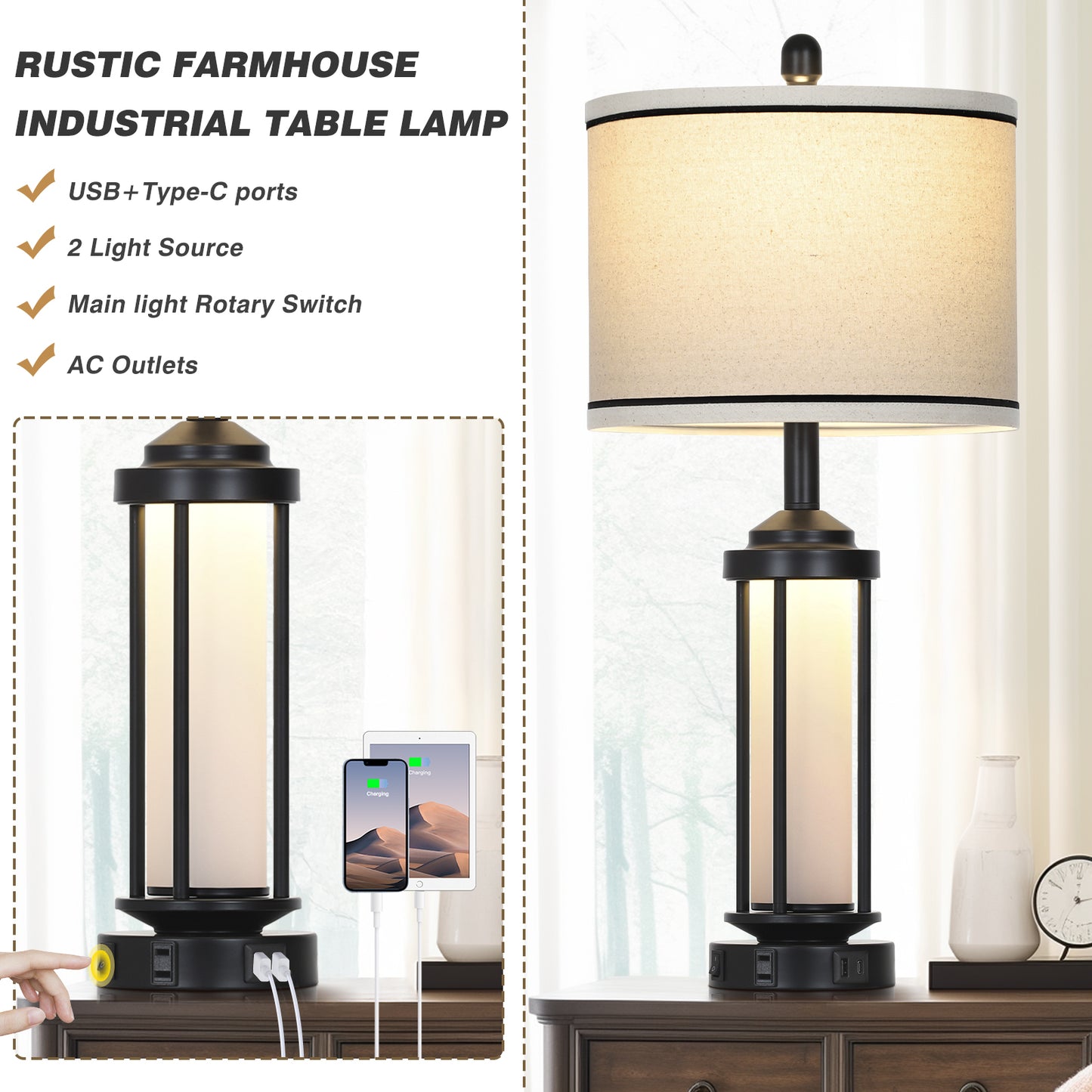 Cinkeda Industrial Table Lamps Set of 2 with USB A+C Ports AC Outlet Nightlight 26" Modern Bedside Nightstand Lamps for Bedroom Living Room