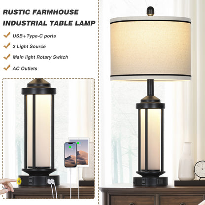 Cinkeda Industrial Table Lamps Set of 2 with USB A+C Ports AC Outlet Nightlight 26" Modern Bedside Nightstand Lamps for Bedroom Living Room