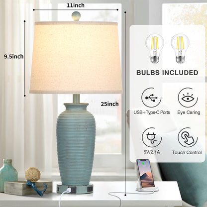 Cinkeda Farmhouse Jar Touch Table Lamps Set of 2 with USB A+C Ports AC Outlet 25" Coastal Blue 3 Way Dimmable Resin Bedside Nightstand Lamp for Living Room Bedroom