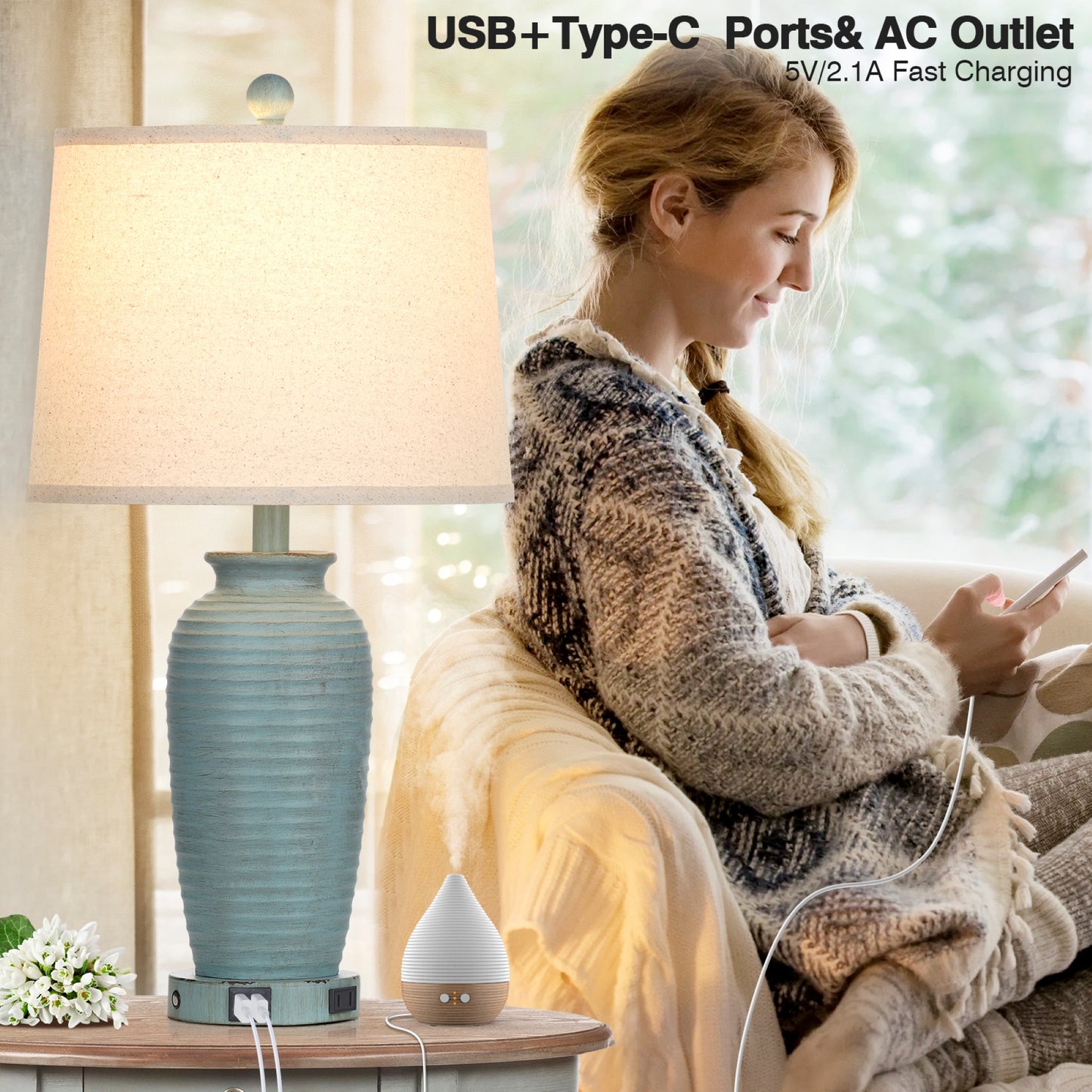 Cinkeda Farmhouse Jar Touch Table Lamps Set of 2 with USB A+C Ports AC Outlet 25" Coastal Blue 3 Way Dimmable Resin Bedside Nightstand Lamp for Living Room Bedroom