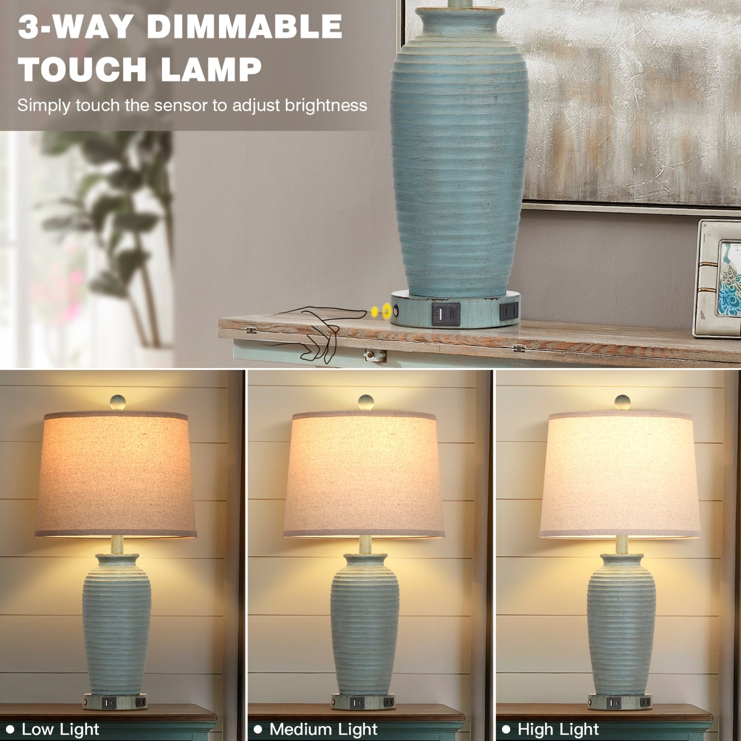Cinkeda Farmhouse Jar Touch Table Lamps Set of 2 with USB A+C Ports AC Outlet 25" Coastal Blue 3 Way Dimmable Resin Bedside Nightstand Lamp for Living Room Bedroom